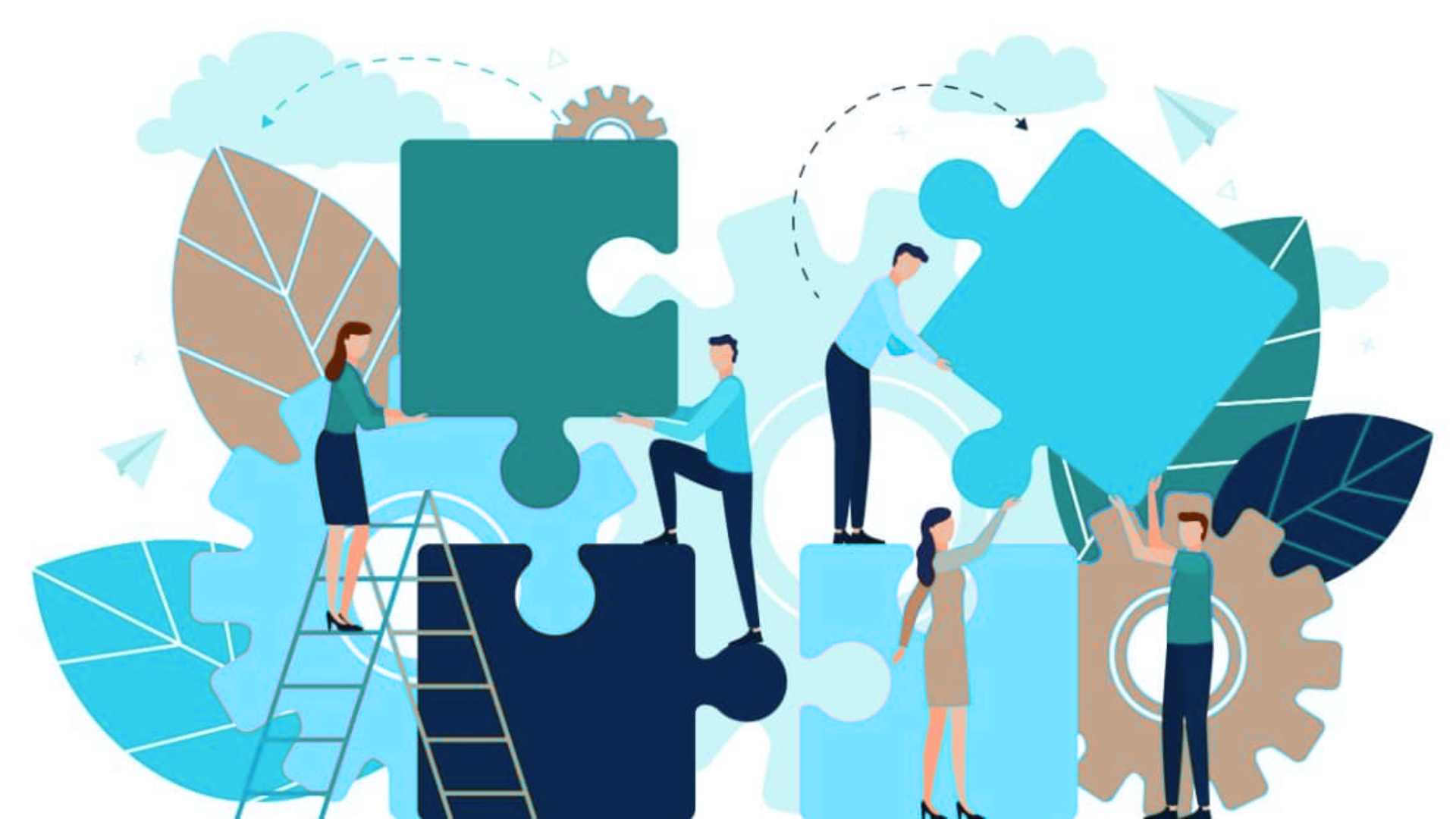 Illustration of a group of people collaboratively assembling large puzzle pieces, with gears and leaves in the background