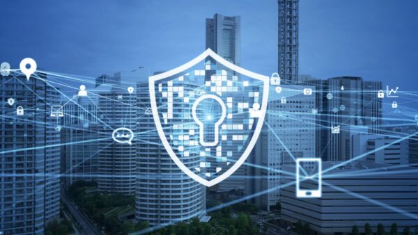 Digital image of a large shield with a keyhole symbol at its center, overlaid on a cityscape