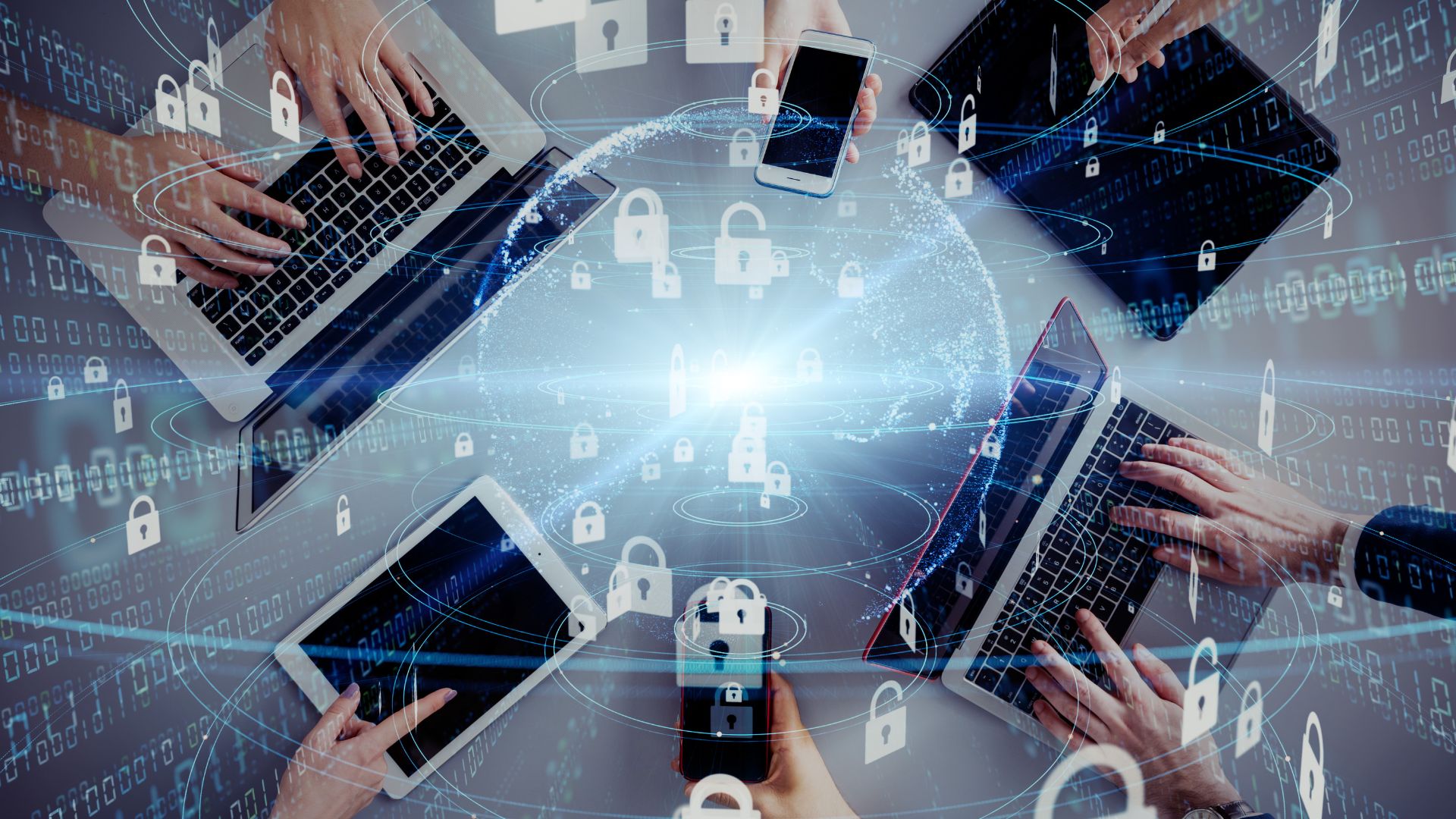 A circle of endpoint devices with an overlay of locks and coding 