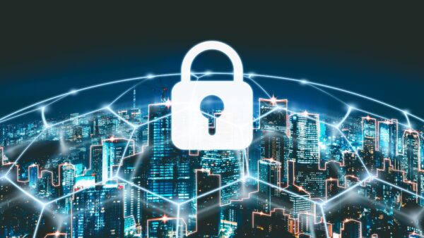A lock icon over a city scape