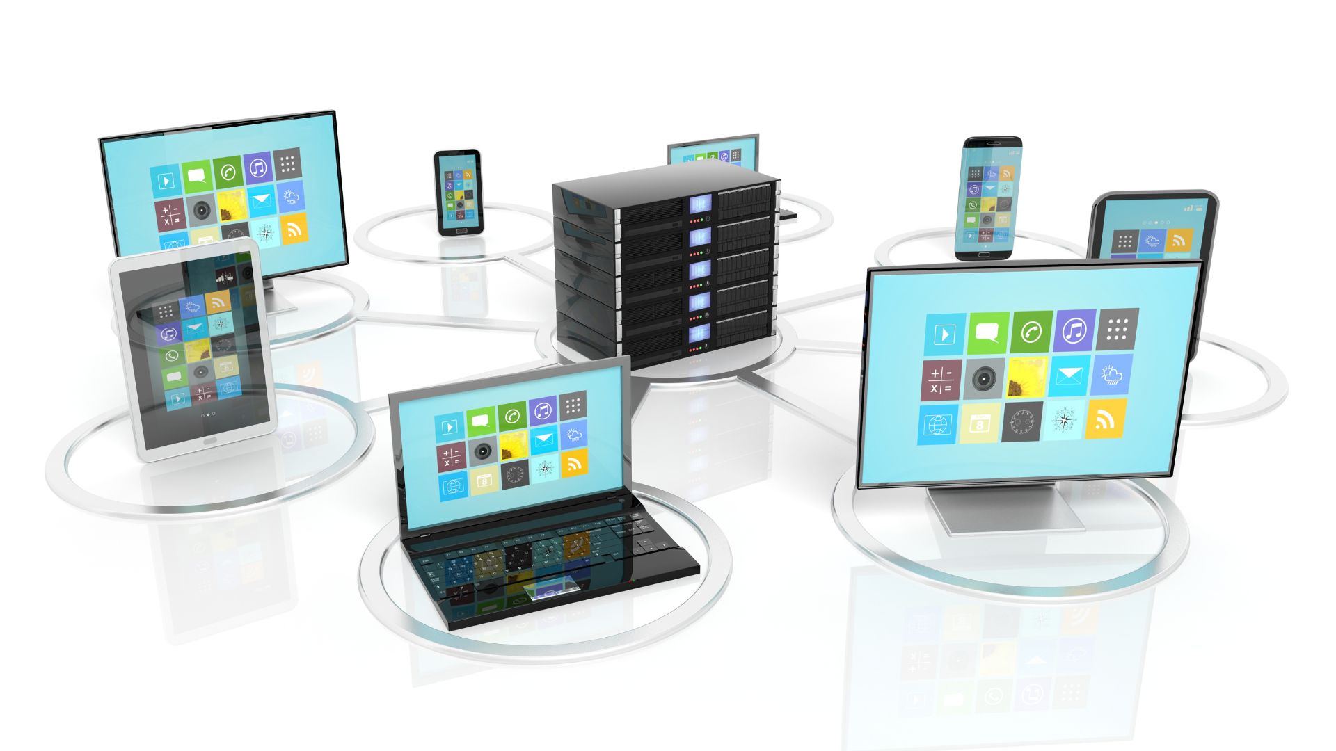 Digital illustration of various connected devices, including laptops, desktops, tablets, and smartphones, all linked to a central server