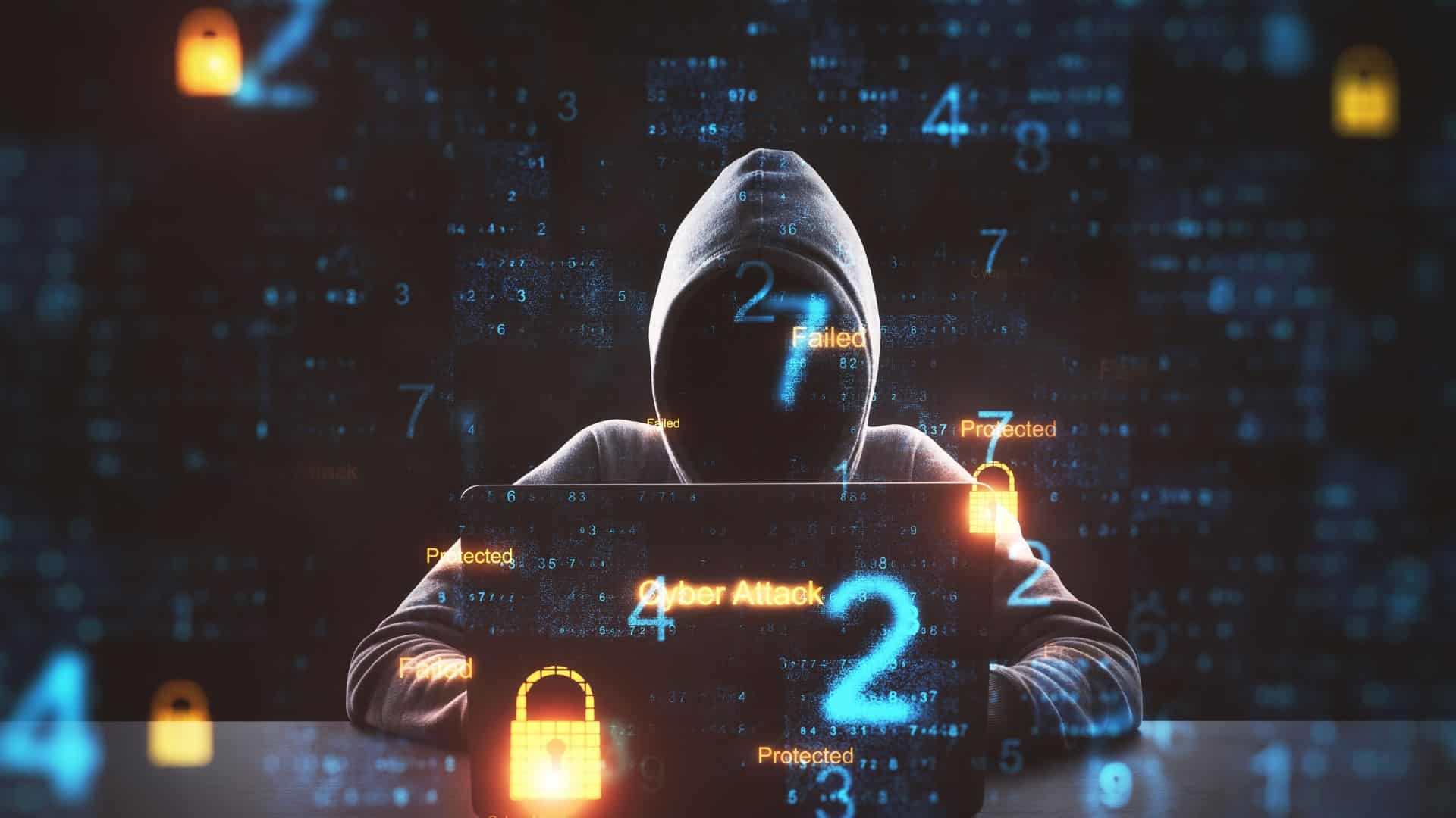 Illustration of a hacker sitting in front of a laptop with digital locks and numbers surrounding them