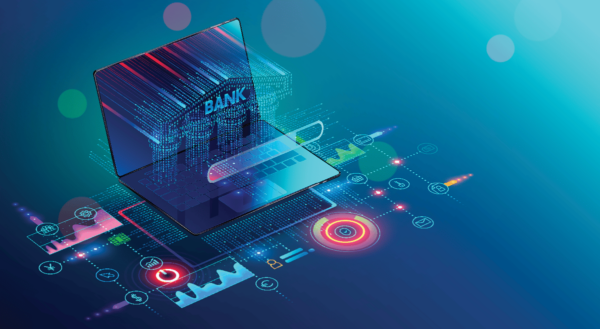 Digital illustration of a laptop displaying the word 'BANK,' with glowing data streams, charts, and financial icons emerging from the screen