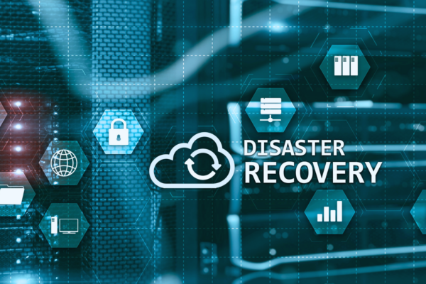 Illustration of disaster recovery concepts with cloud icons, security symbols, and data infrastructure
