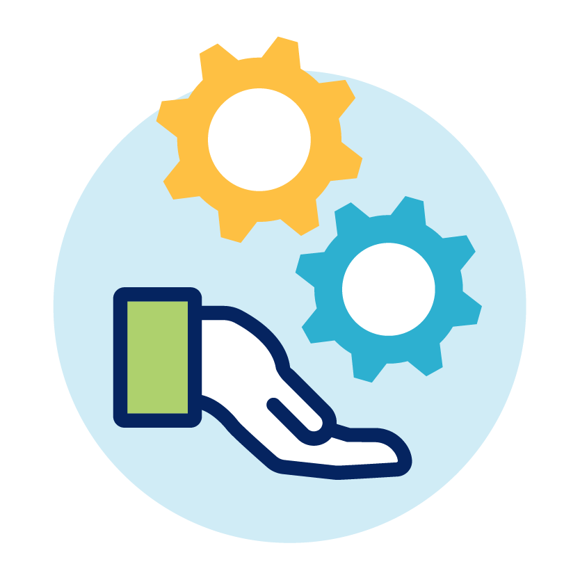 An icon with an open hand and gears above it