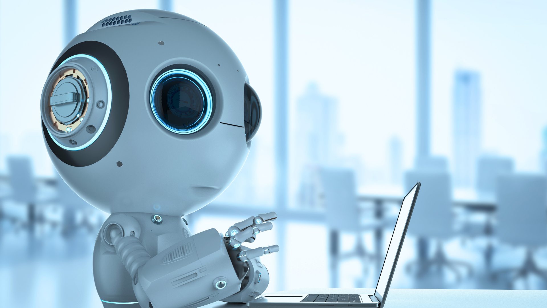 AI tool robot working on a business computer