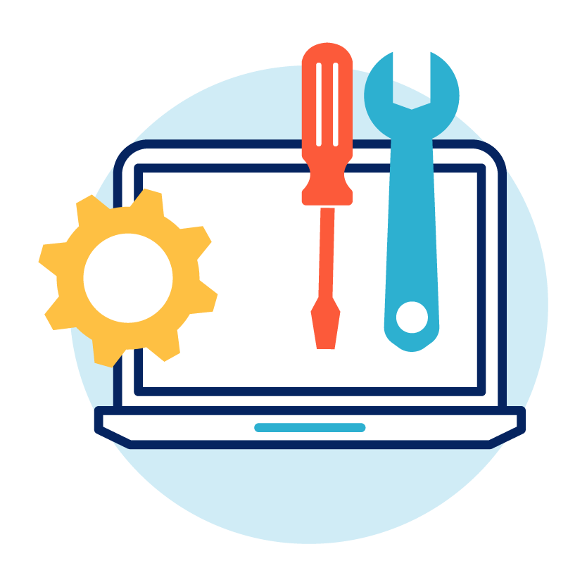An icon of a laptop with a gear and tools