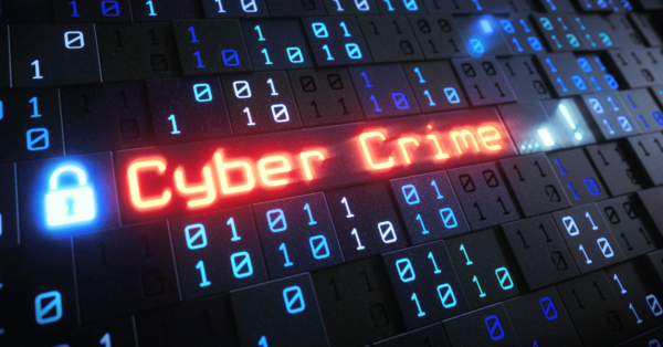 Digital display of binary code with the words 'Cyber Crime' highlighted in red
