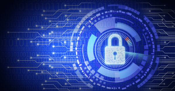 Digital illustration of a padlock surrounded by a circular pattern of binary code and circuit lines