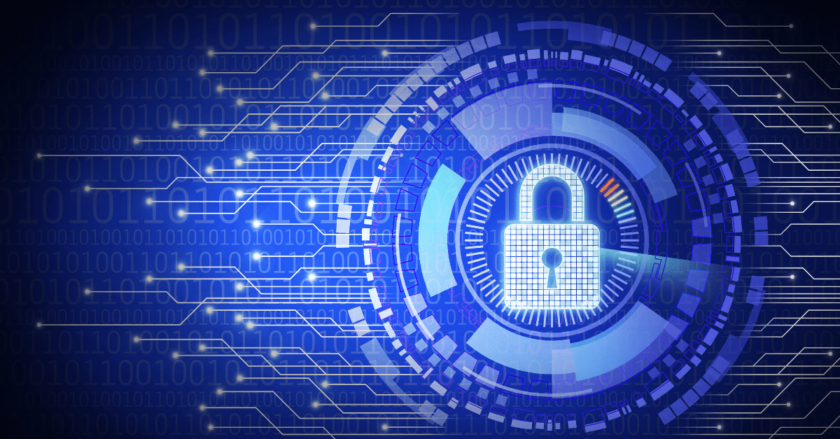 Digital illustration of a padlock surrounded by a circular pattern of binary code and circuit lines